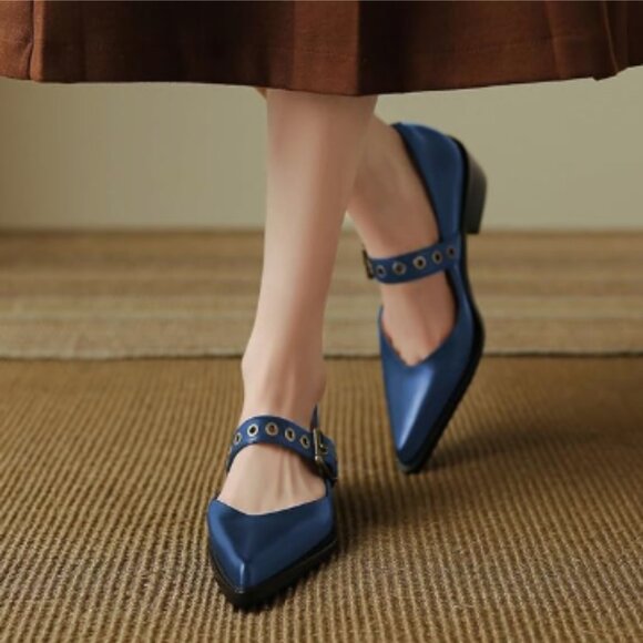YDN Blue Pointed Toe Mary Jane Chunky Heels Pump Loafers Hollow Buckle Shoes - Picture 1 of 8